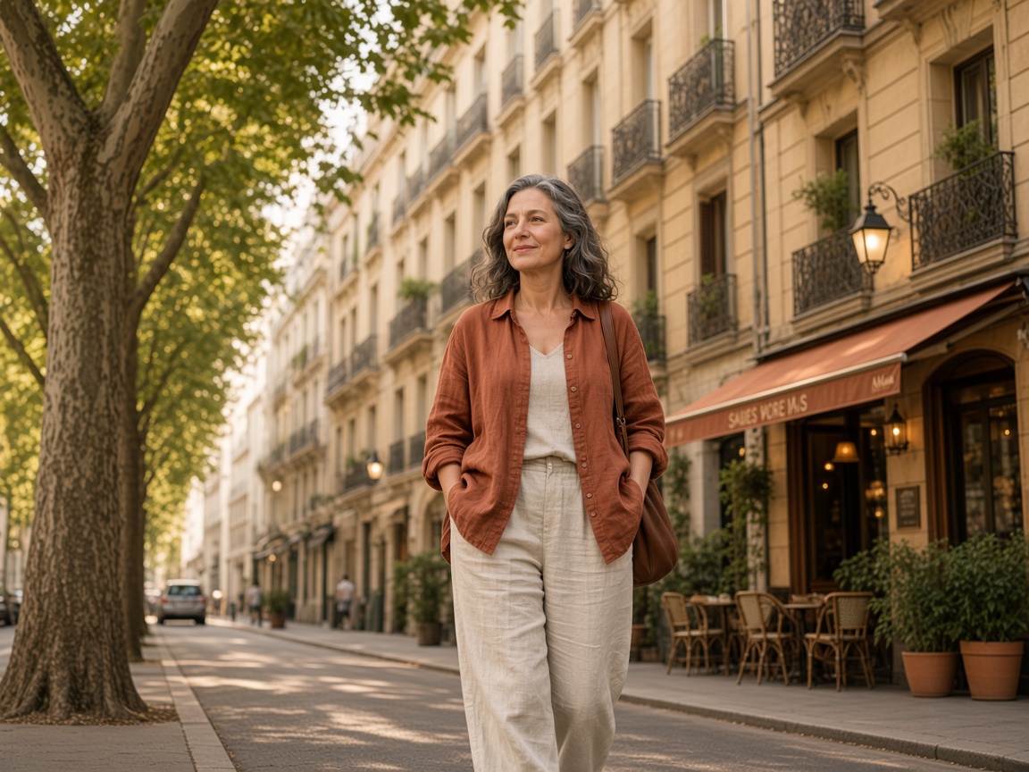 Mujer caminando con calma por una calle de Madrid
